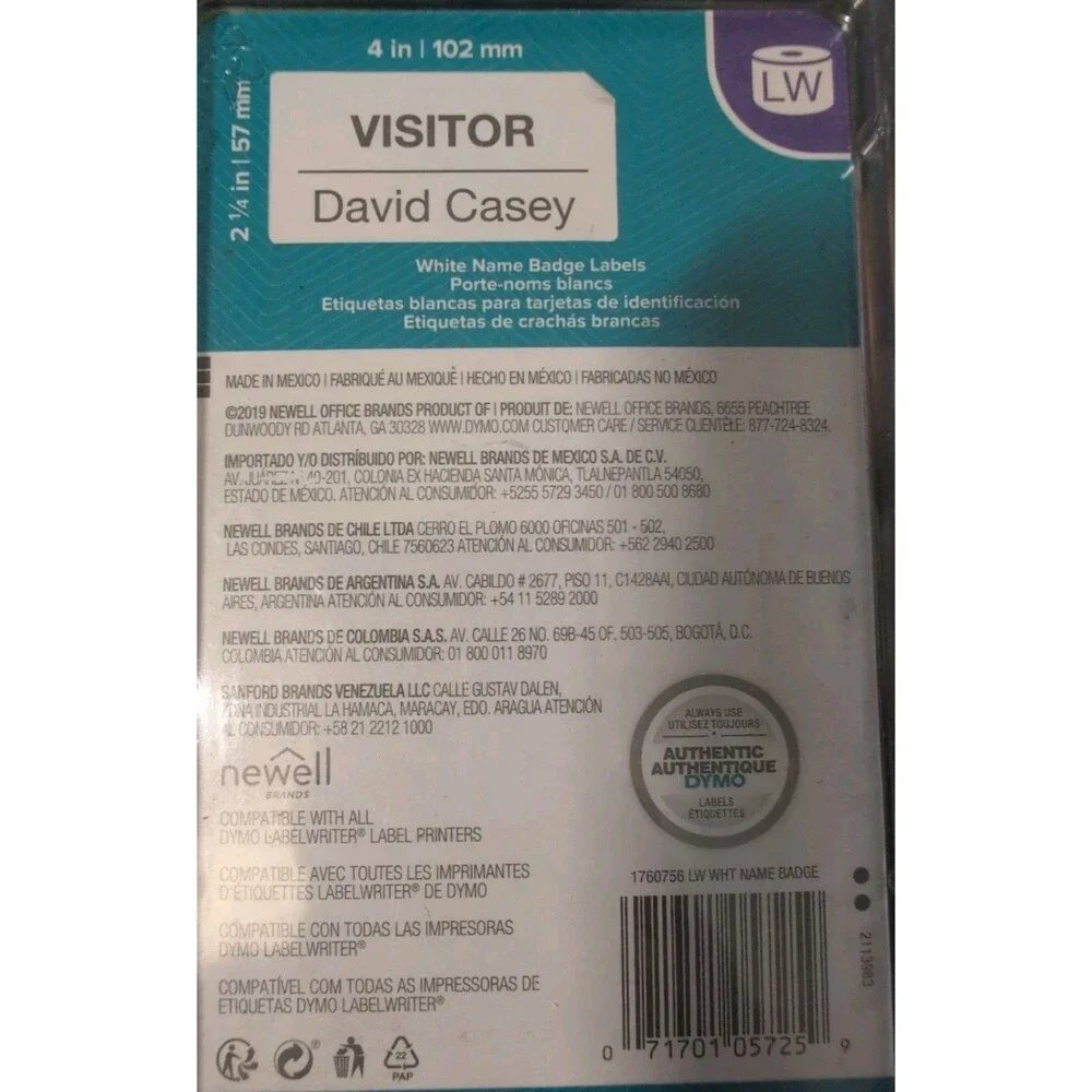 Lot of 5 -DYMO LW Name Badge Labels, 2-1/4” x 4”,  1 Roll of 250 (1760756)